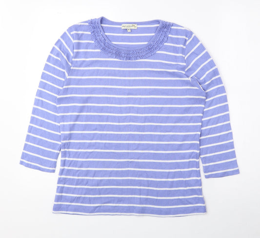 First Avenue Womens Blue Striped Polyester Basic Blouse Size M Round Neck