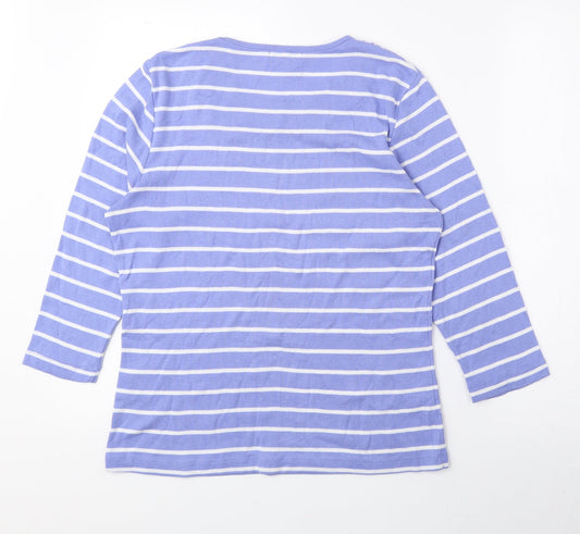 First Avenue Womens Blue Striped Polyester Basic Blouse Size M Round Neck