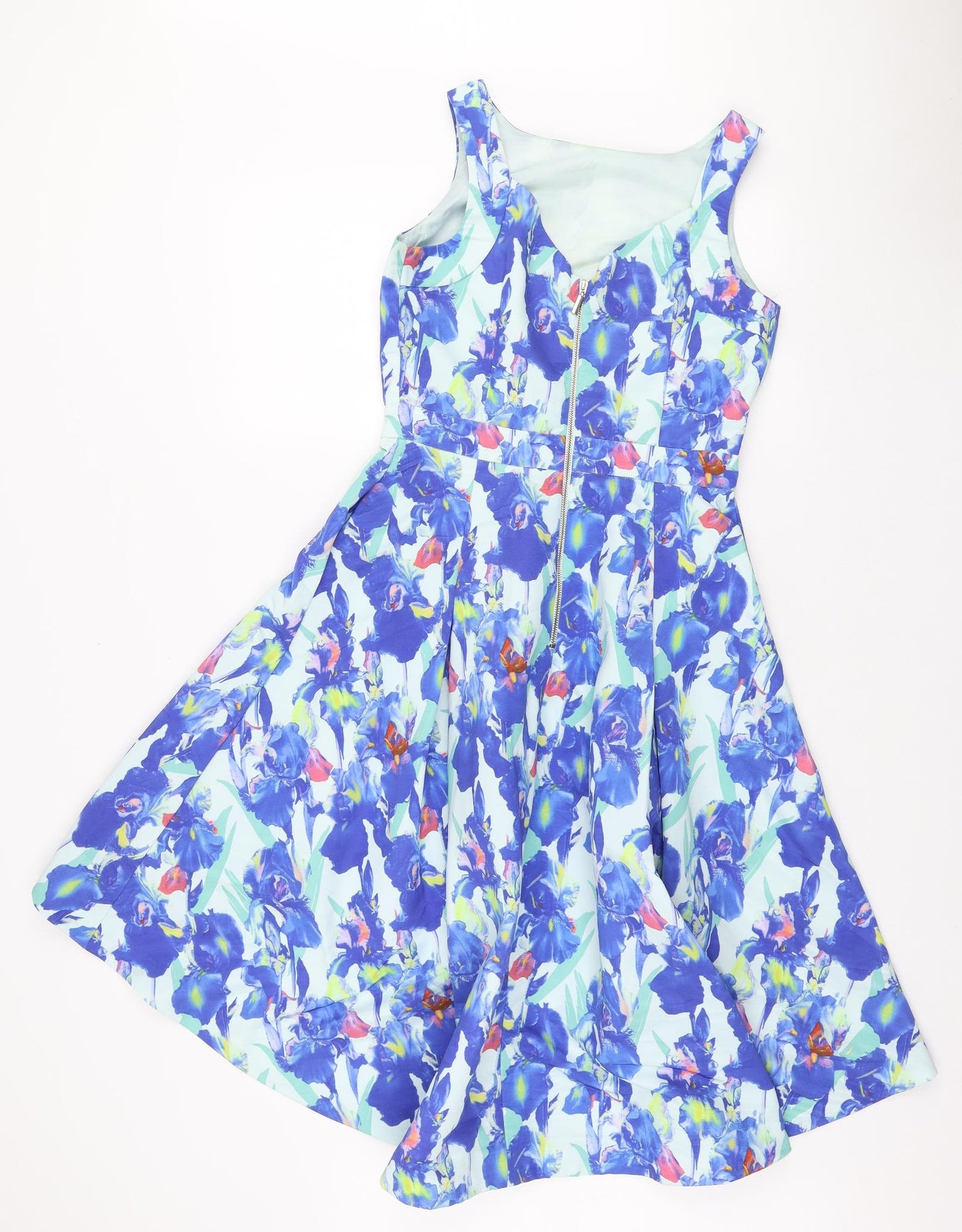 befree Fashion Womens Blue Floral Polyester Skater Dress Size S V-Neck Zip
