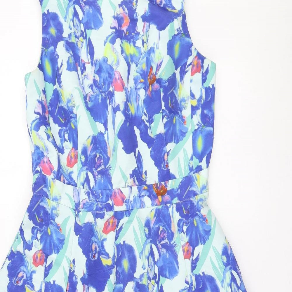 befree Fashion Womens Blue Floral Polyester Skater Dress Size S V-Neck Zip