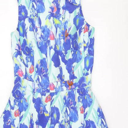 befree Fashion Womens Blue Floral Polyester Skater Dress Size S V-Neck Zip