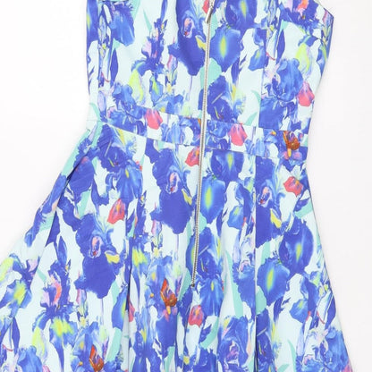 befree Fashion Womens Blue Floral Polyester Skater Dress Size S V-Neck Zip