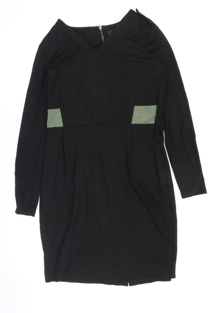 Limited Collection Womens Black Viscose Pencil Dress Size 14 V-Neck Zip - Slit.