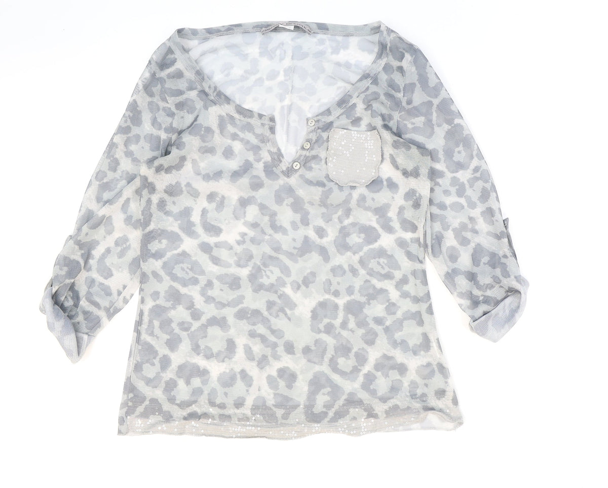 Ashley Brooke Womens Grey Animal Print Polyester Basic Blouse Size 8 V-Neck - Leopard Print