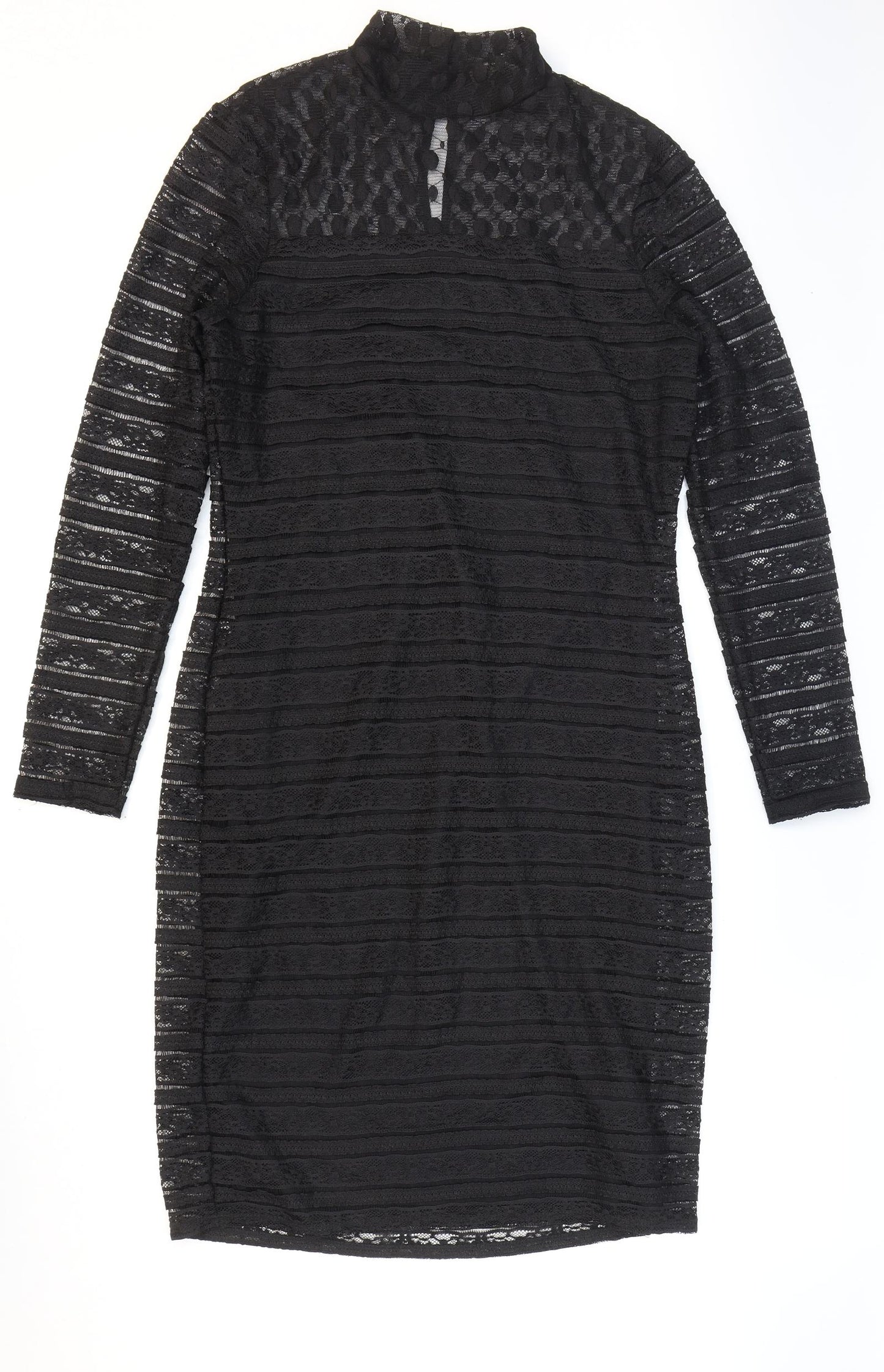 Marks and Spencer Womens Black Striped Polyester Bodycon Size 12 High Neck Button