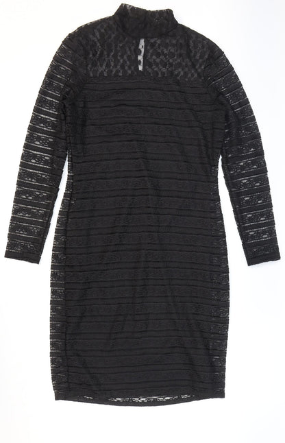 Marks and Spencer Womens Black Striped Polyester Bodycon Size 12 High Neck Button
