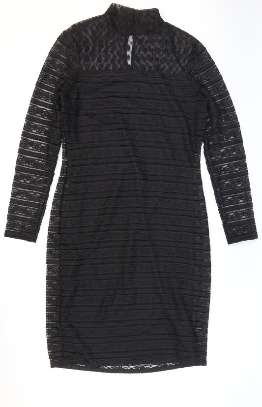 Marks and Spencer Womens Black Striped Polyester Bodycon Size 12 High Neck Button