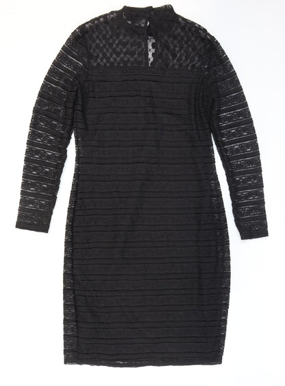 Marks and Spencer Womens Black Striped Polyester Bodycon Size 12 High Neck Button