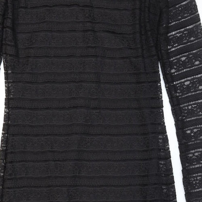 Marks and Spencer Womens Black Striped Polyester Bodycon Size 12 High Neck Button