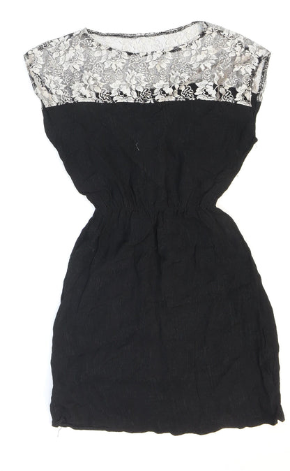 Johann Womens Black Polyester Skater Dress Size M Round Neck Pullover - Lace. Metallic.