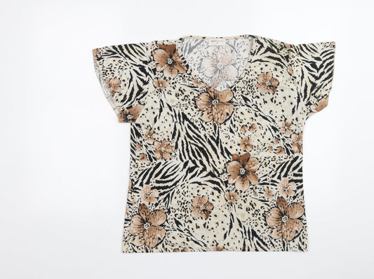 Bonmarché Womens Beige Animal Print Polyester Basic Blouse Size S V-Neck - Flowers Tiger Print