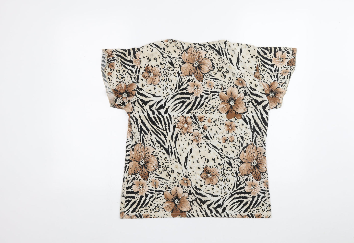 Bonmarché Womens Beige Animal Print Polyester Basic Blouse Size S V-Neck - Flowers Tiger Print