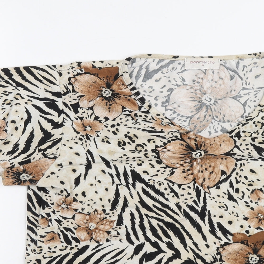 Bonmarché Womens Beige Animal Print Polyester Basic Blouse Size S V-Neck - Flowers Tiger Print