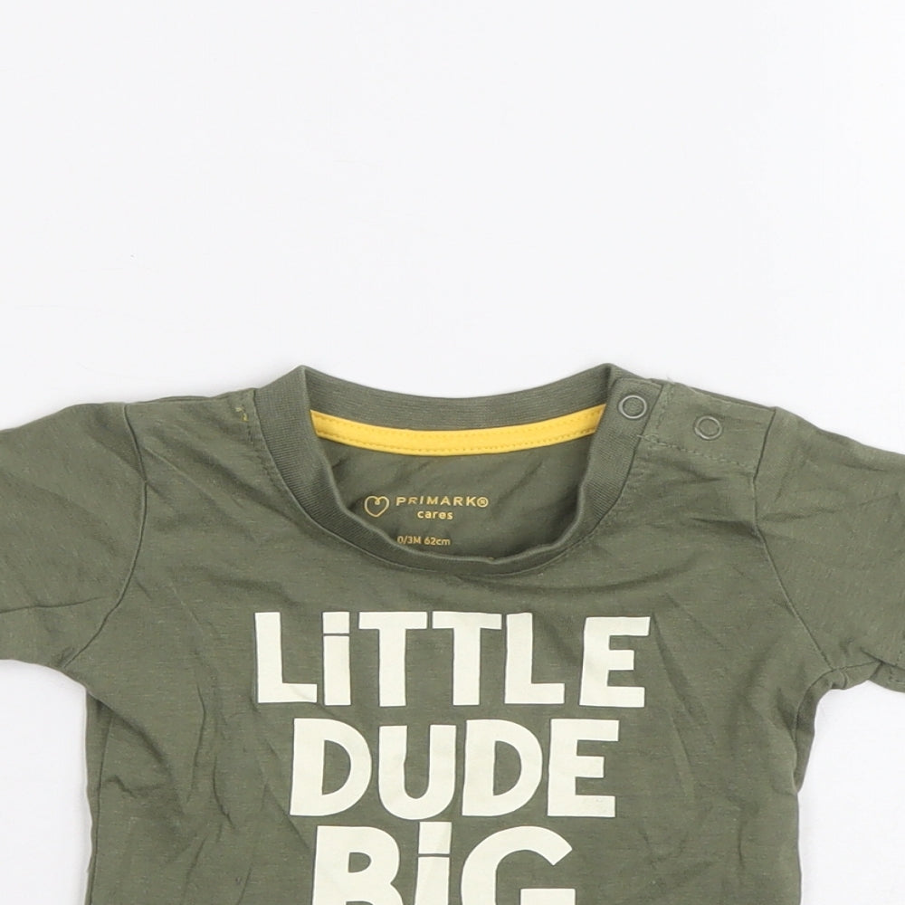 Primark Green Cotton Basic T-Shirt Size 0-3 Months Round Neck Pullover - Little dude big future
