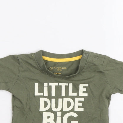 Primark Green Cotton Basic T-Shirt Size 0-3 Months Round Neck Pullover - Little dude big future