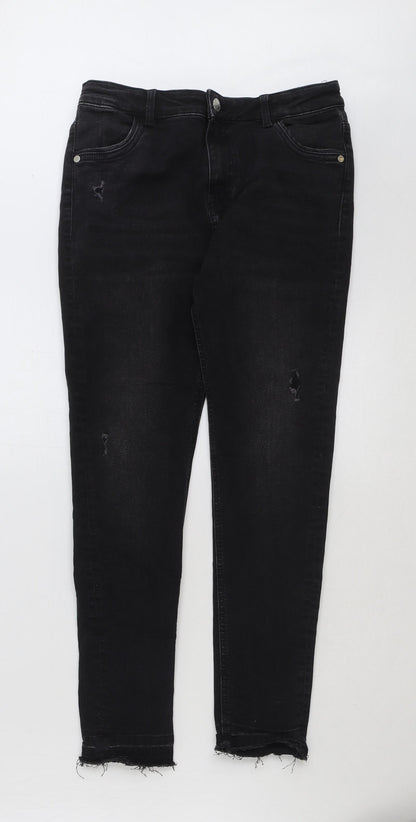 Marks and Spencer Girls Black Cotton Skinny Jeans Size 12-13 Years Regular Button - Distressed
