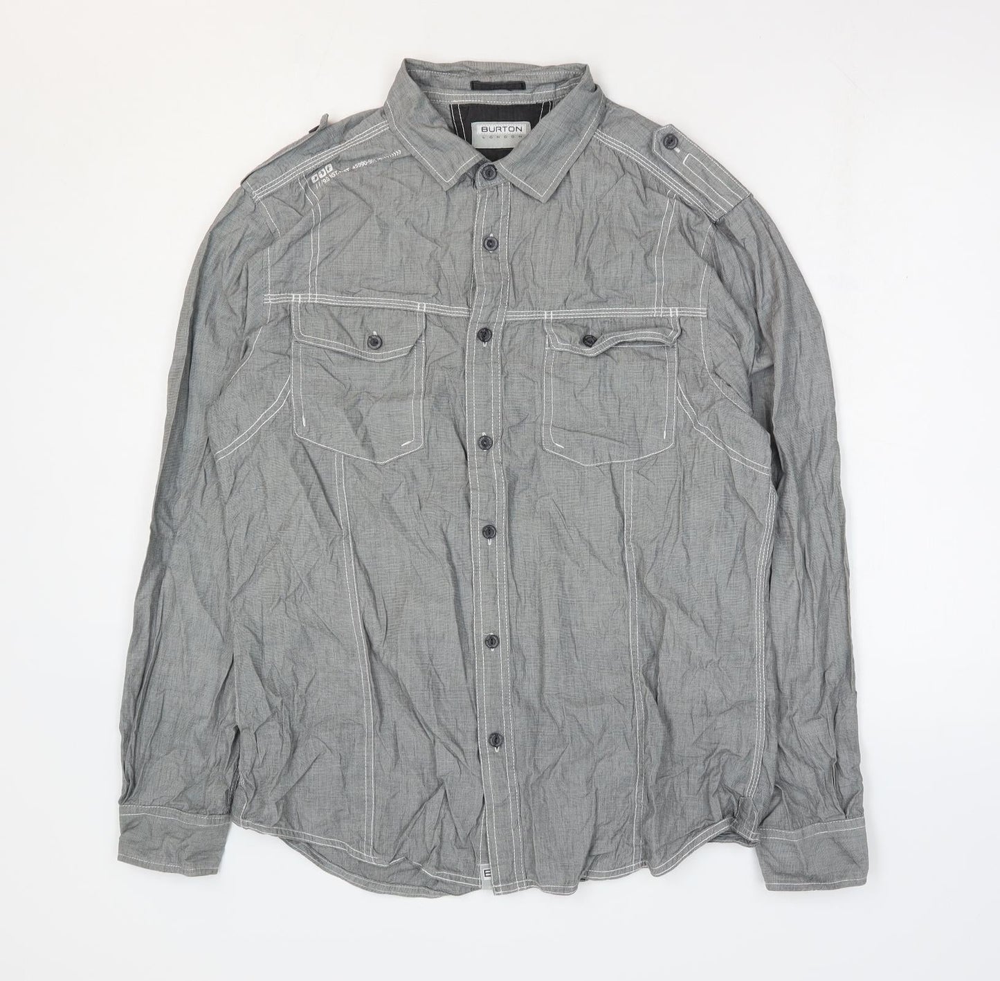 Mens UK Size L Burton Grey  Button-Up Long Sleeve Casual Shirt
