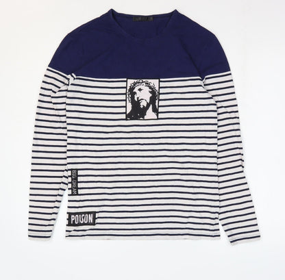 Ms Di Long Womens Blue Striped Cotton Basic T-Shirt Size L Round Neck