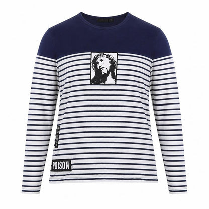 Ms Di Long Womens Blue Striped Cotton Basic T-Shirt Size L Round Neck