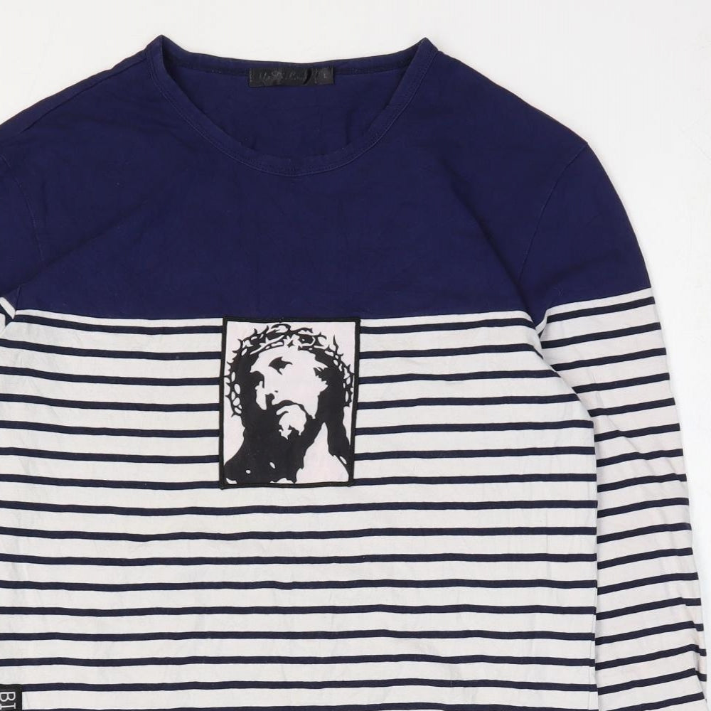 Ms Di Long Womens Blue Striped Cotton Basic T-Shirt Size L Round Neck