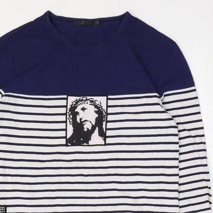 Ms Di Long Womens Blue Striped Cotton Basic T-Shirt Size L Round Neck