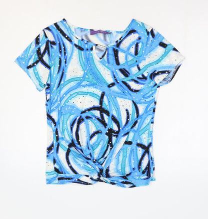 Autonomy Womens Blue Geometric Polyester Basic T-Shirt Size 10 Round Neck - Knot Front