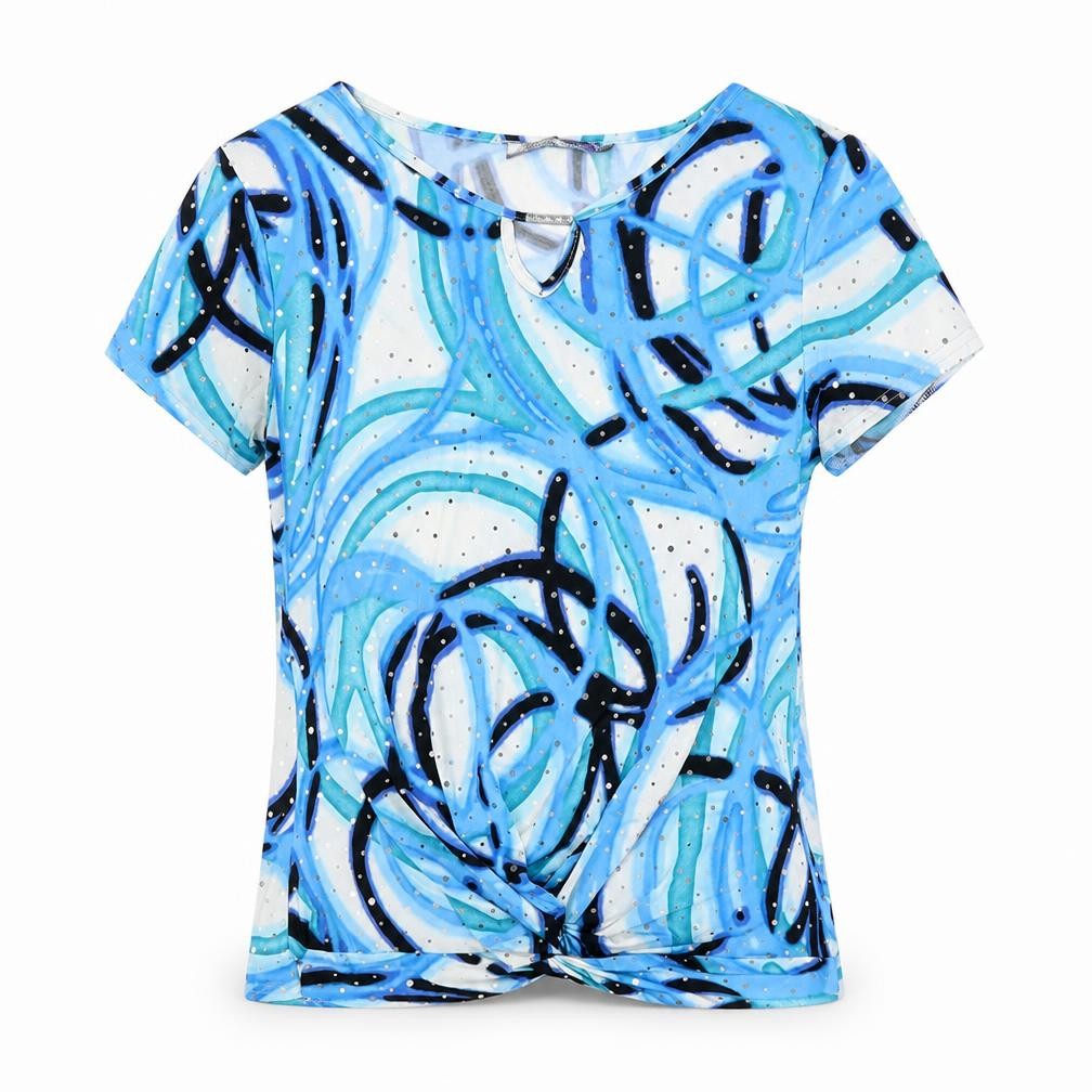 Autonomy Womens Blue Geometric Polyester Basic T-Shirt Size 10 Round Neck - Knot Front