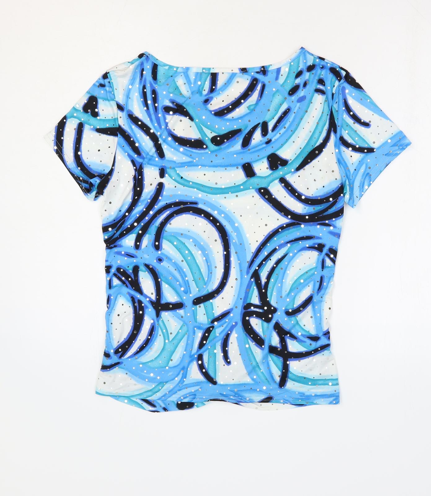 Autonomy Womens Blue Geometric Polyester Basic T-Shirt Size 10 Round Neck - Knot Front