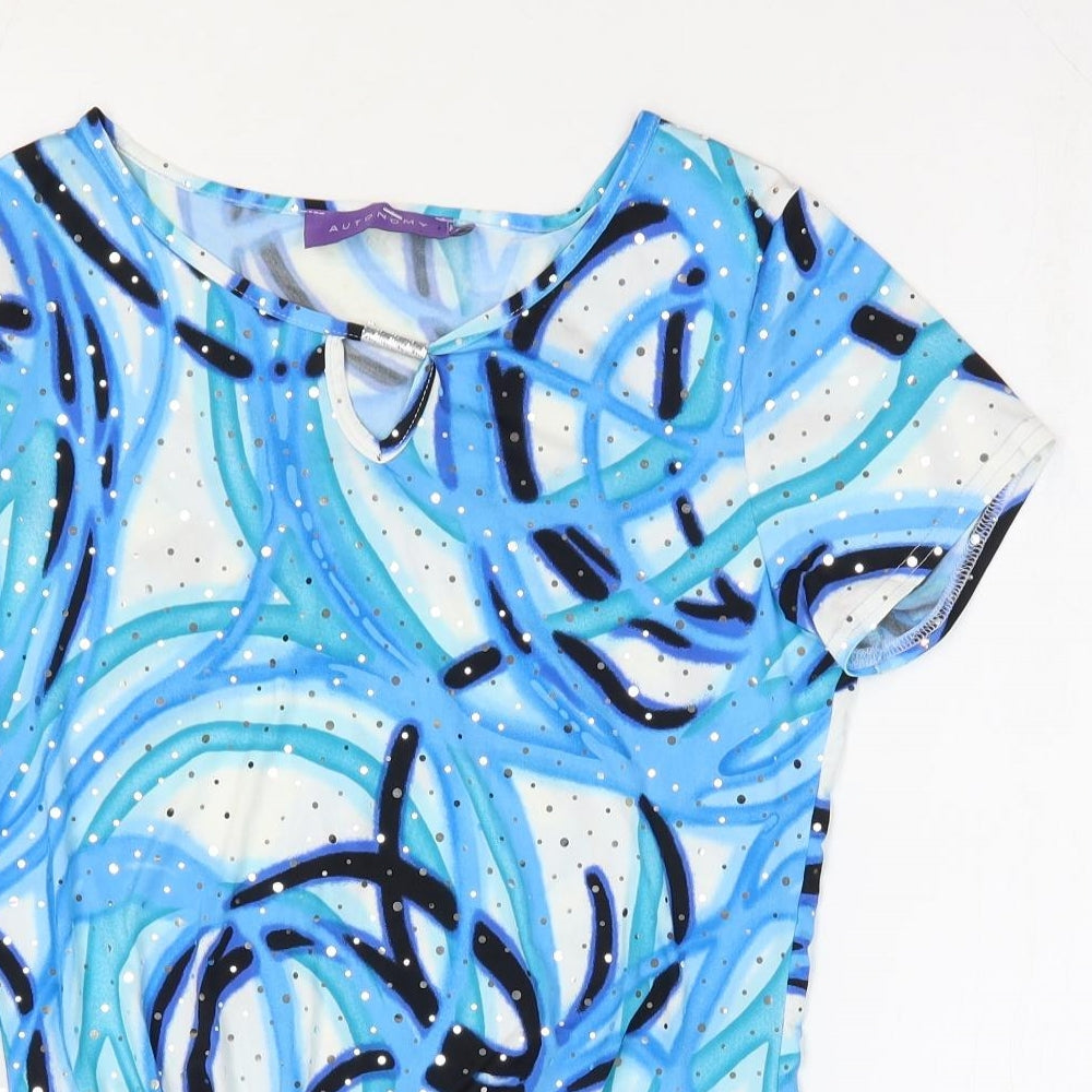 Autonomy Womens Blue Geometric Polyester Basic T-Shirt Size 10 Round Neck - Knot Front