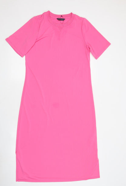 Marks and Spencer Womens Pink Polyester Shirt Dress Size 10 Round Neck Pullover
