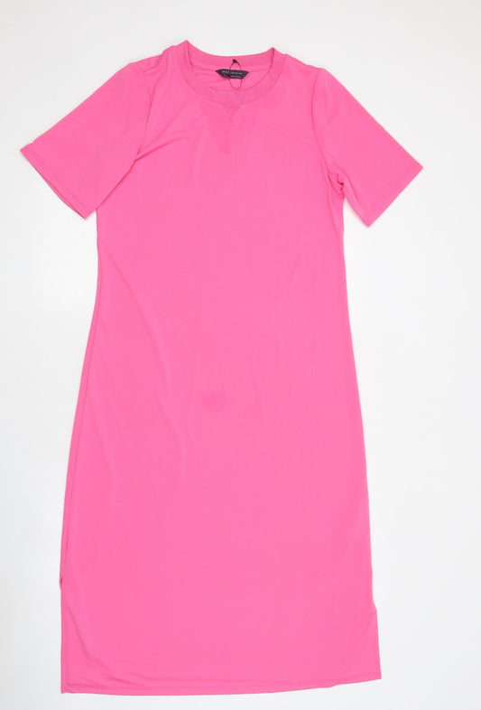 Marks and Spencer Womens Pink Polyester Shirt Dress Size 10 Round Neck Pullover