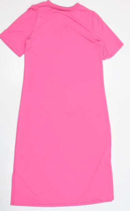 Marks and Spencer Womens Pink Polyester Shirt Dress Size 10 Round Neck Pullover