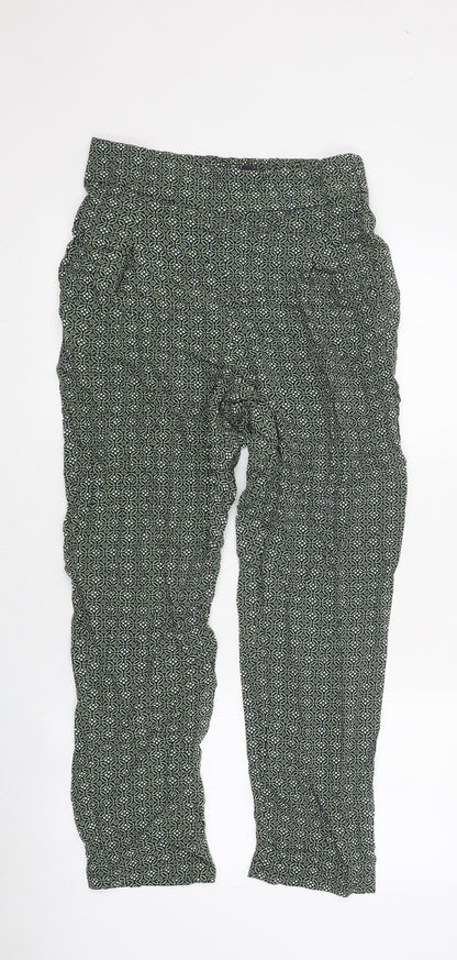 Marks and Spencer Womens Green Geometric Polyester Trousers Size 8 L26 in Regular