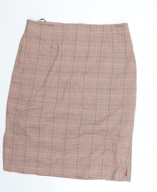 Marks and Spencer Womens Orange Check Viscose A-Line Skirt Size 20 Zip