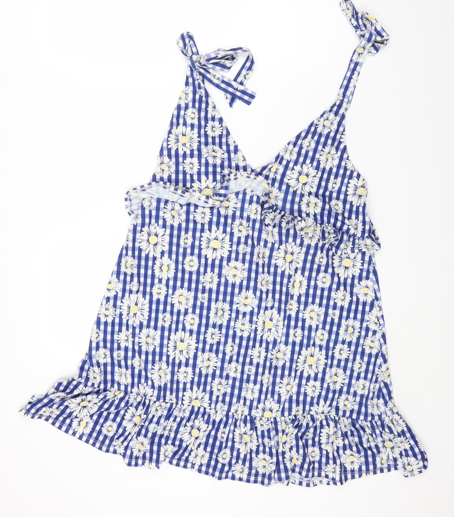 ASOS Womens Blue Geometric Polyester Pinafore/Dungaree Dress Size 12 V-Neck Tie