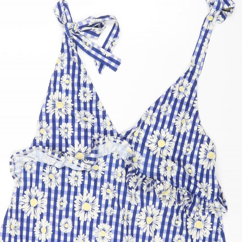 ASOS Womens Blue Geometric Polyester Pinafore/Dungaree Dress Size 12 V-Neck Tie
