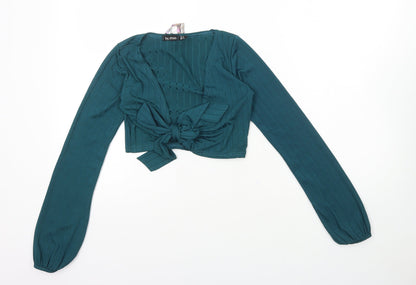 Boohoo Womens Blue Polyester Cropped T-Shirt Size 10 V-Neck