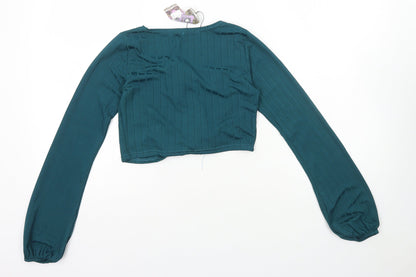 Boohoo Womens Blue Polyester Cropped T-Shirt Size 10 V-Neck