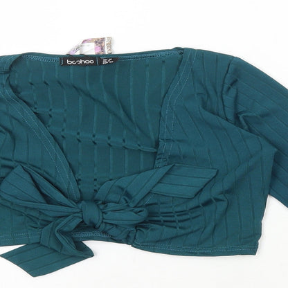 Boohoo Womens Blue Polyester Cropped T-Shirt Size 10 V-Neck