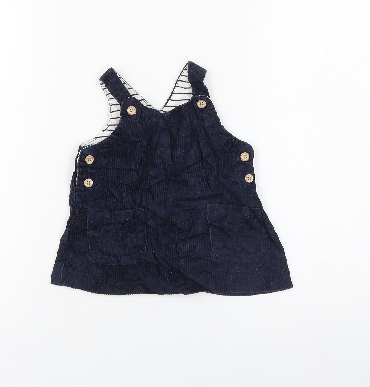 NEXT Girls Blue Cotton Pinafore/Dungaree Dress Size 3-6 Months Round Neck Button
