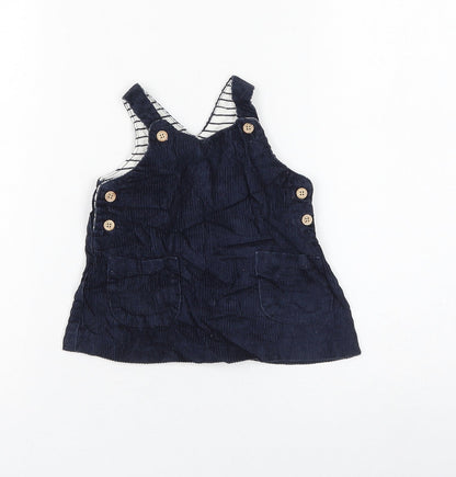 NEXT Girls Blue Cotton Pinafore/Dungaree Dress Size 3-6 Months Round Neck Button