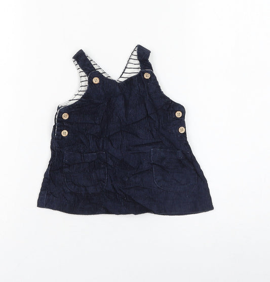 NEXT Girls Blue Cotton Pinafore/Dungaree Dress Size 3-6 Months Round Neck Button