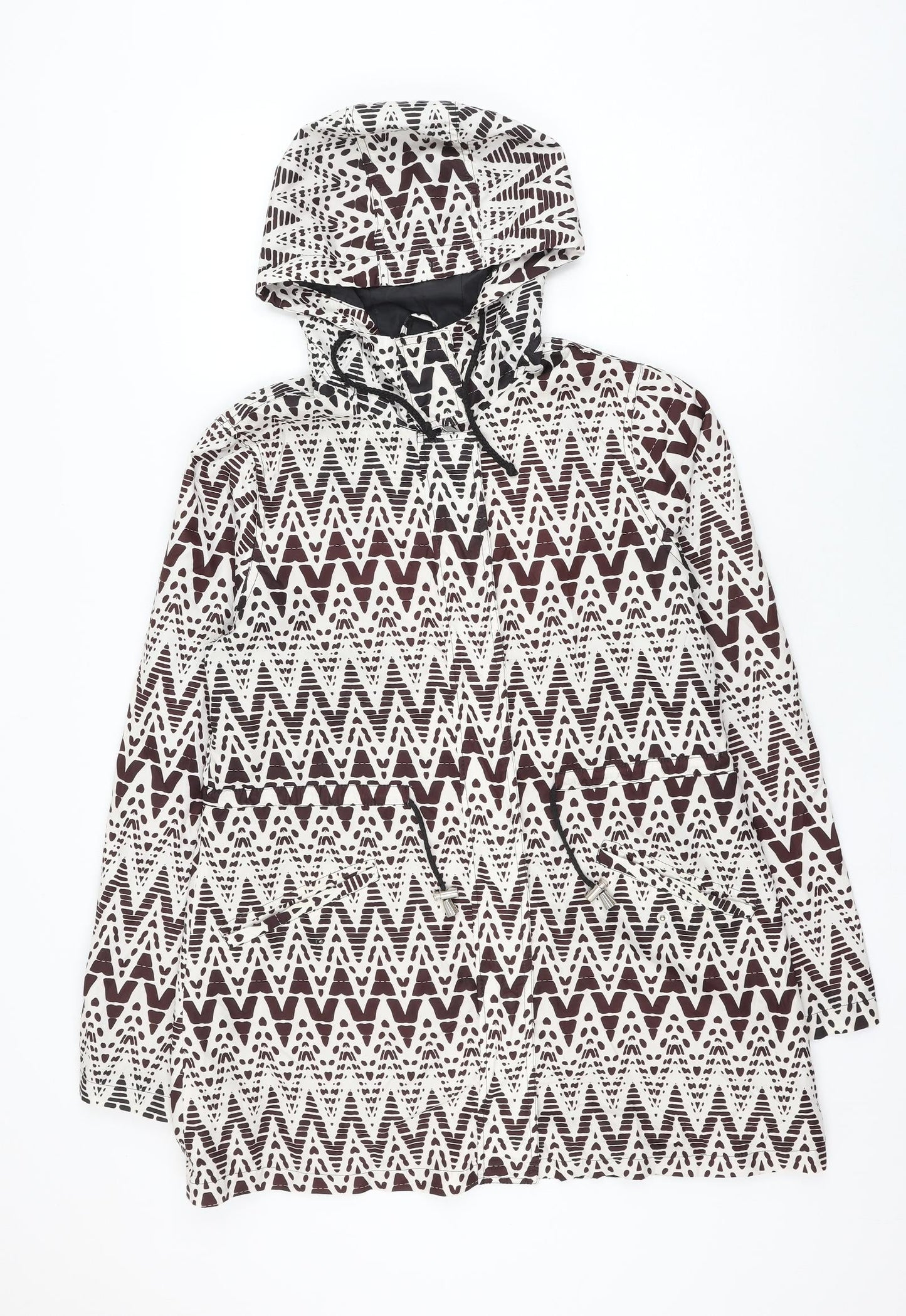 Peacocks Womens Brown Geometric Rain Coat Coat Size 12 Zip