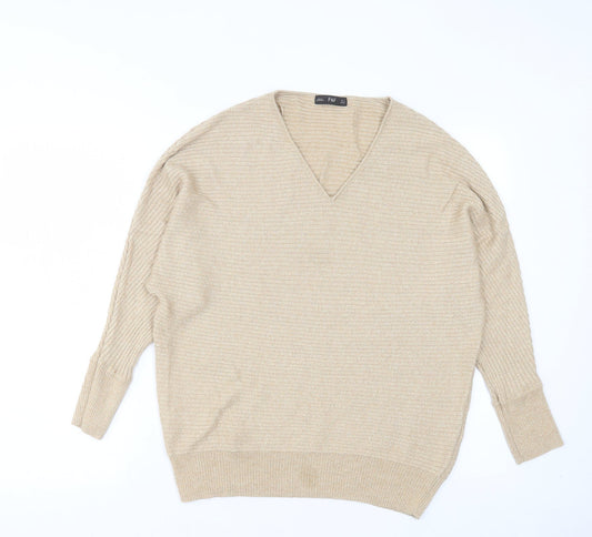 F&F Womens Gold V-Neck Viscose Pullover Jumper Size 8