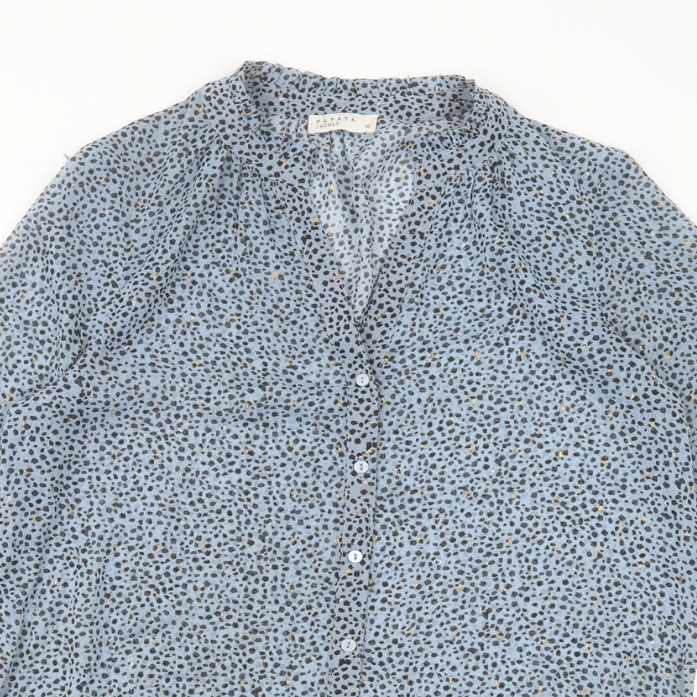 Papaya Womens Blue Animal Print Polyester A-Line Size 10 V-Neck Button