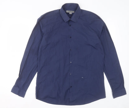 Mens UK Size 16 Cedar Wood State Blue  Button-Up Long Sleeve Casual Shirt