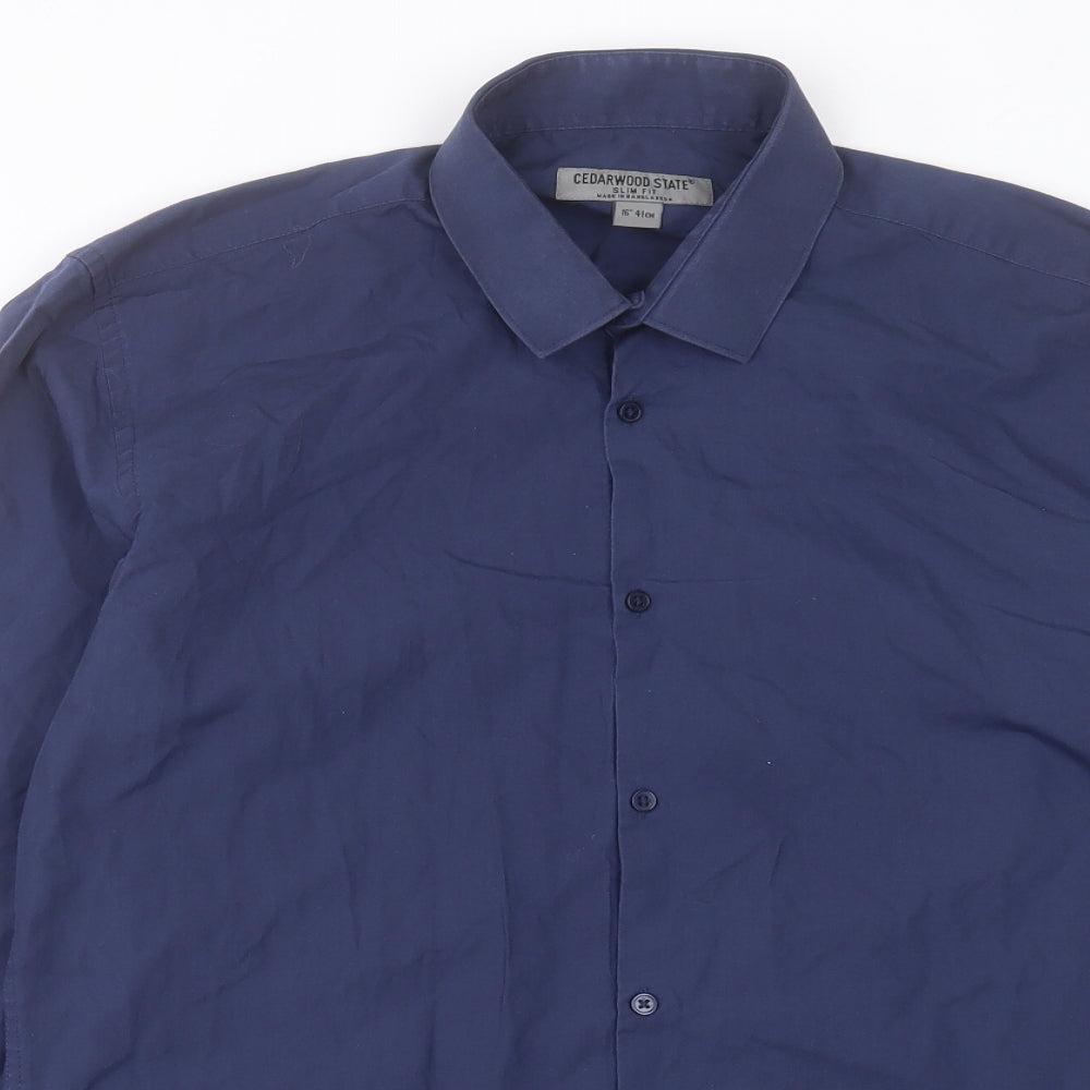 Mens UK Size 16 Cedar Wood State Blue  Button-Up Long Sleeve Casual Shirt