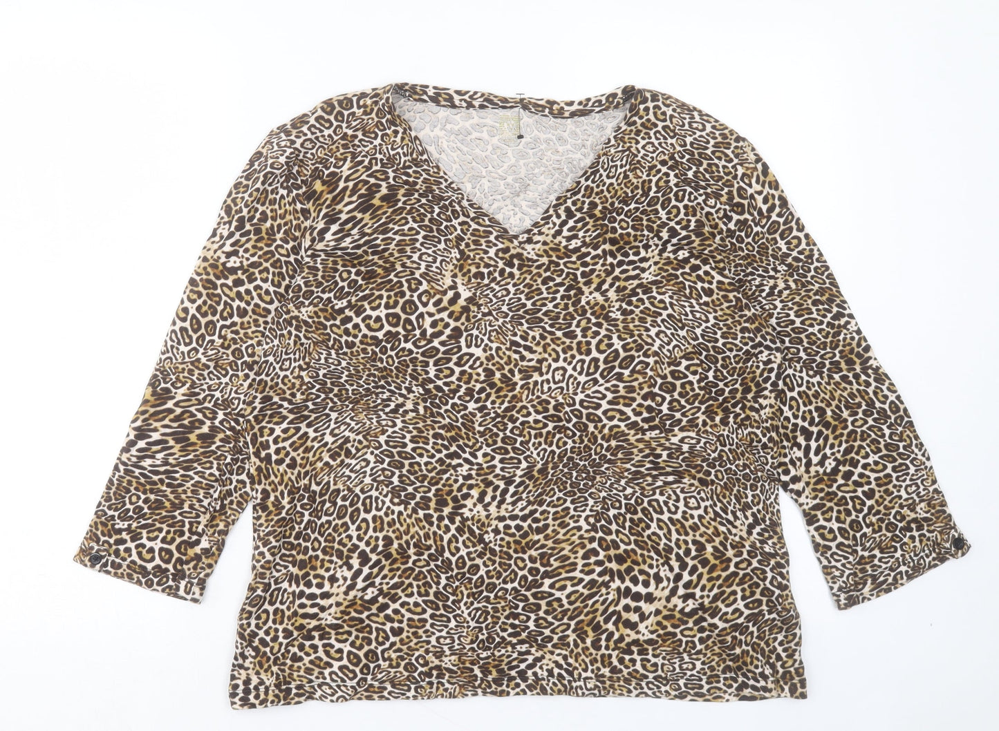 Anne Klein Womens Brown Animal Print Polyester Basic T-Shirt Size L V-Neck