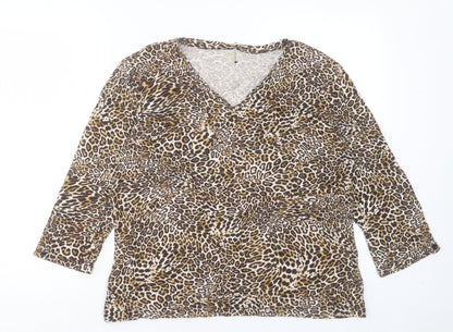 Anne Klein Womens Brown Animal Print Polyester Basic T-Shirt Size L V-Neck