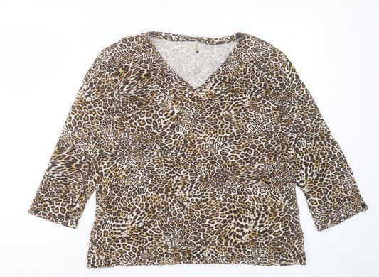 Anne Klein Womens Brown Animal Print Polyester Basic T-Shirt Size L V-Neck